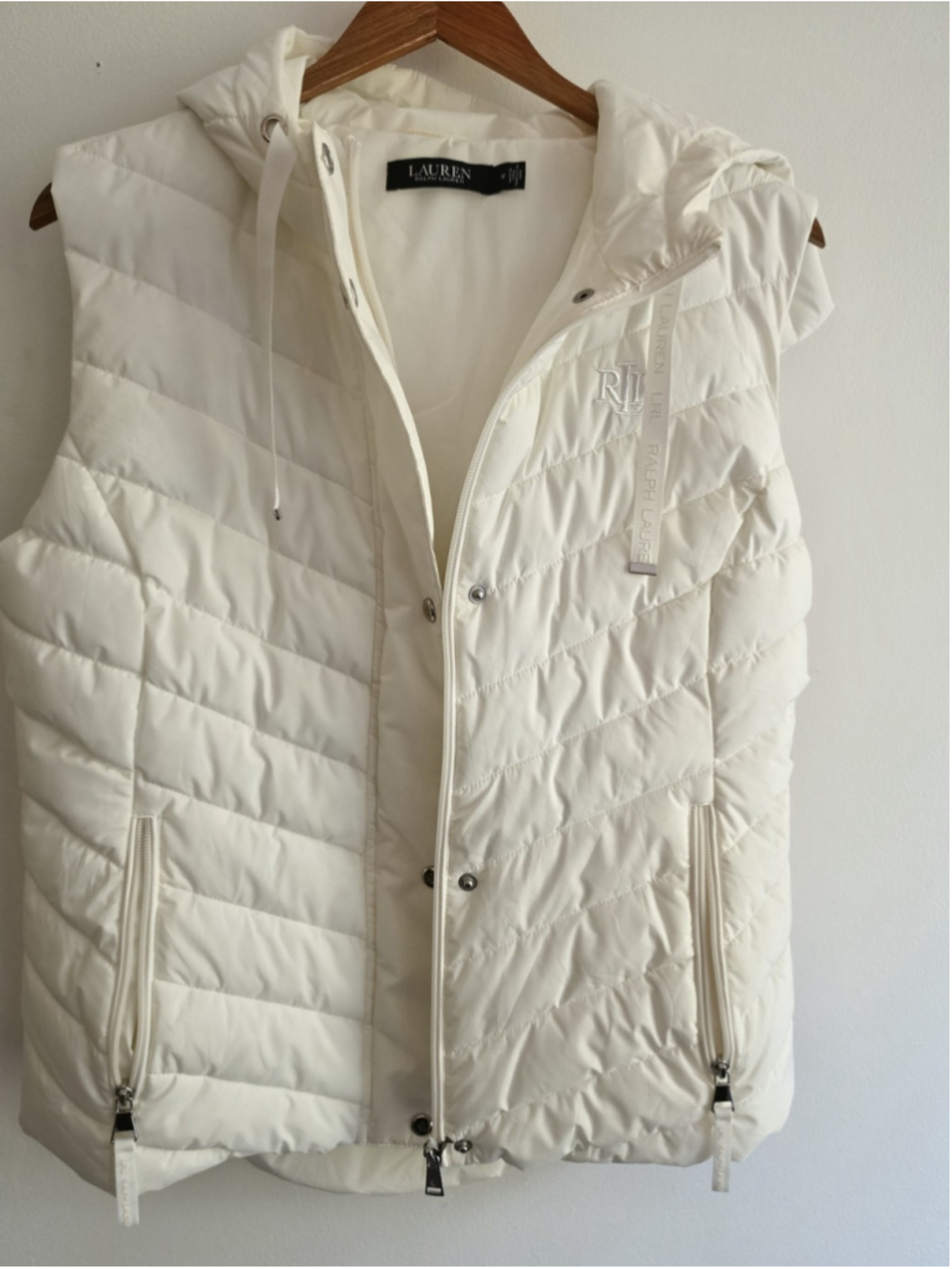 Lauren Ralph Lauren Hooded Chevron Quilted Puffer Vest Ivory Cream M
